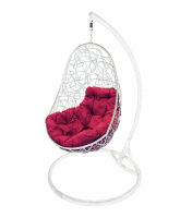 Кресло подвесное Овал с ротангом (Бордовая подушка, белый каркас), фото