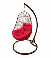 Кресло подвесное Овал с ротангом (Малиновая подушка, коричневый каркас), фото