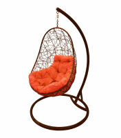 Кресло подвесное Овал с ротангом (Оранжевая подушка, коричневый каркас), фото