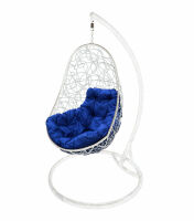 Кресло подвесное Овал с ротангом (Синяя подушка, белый каркас), фото