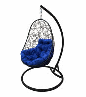 Кресло подвесное Овал с ротангом (Синяя подушка, черный каркас), фото