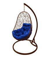 Кресло подвесное Овал с ротангом (Синяя подушка, коричневый каркас), фото