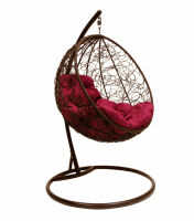 Подвесное Кресло-Кокон Круглое с Ротангом (Бордовая подушка, коричневый каркас), фото