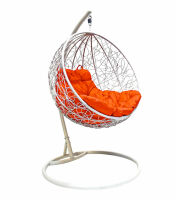 Подвесное Кресло-Кокон Круглое с Ротангом (Оранжевая подушка, белый каркас), фото