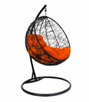 Подвесное Кресло-Кокон Круглое с Ротангом (Оранжевая подушка, черный каркас), фото