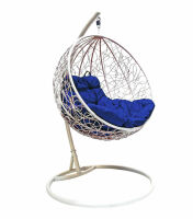 Подвесное Кресло-Кокон Круглое с Ротангом (Синяя подушка, белый каркас), фото