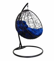 Подвесное Кресло-Кокон Круглое с Ротангом (Синяя подушка, черный каркас), фото