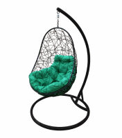Фото - Кресло подвесное Овал с ротангом (Зеленая подушка, черный каркас)