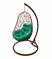 Фото - Кресло подвесное Овал с ротангом (Зеленая подушка, коричневый каркас)