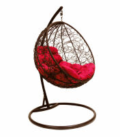 Фото - Подвесное Кресло-Кокон Круглое с Ротангом (Малиновая подушка, коричневая каркас)