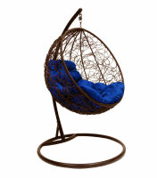 Подвесное Кресло-Кокон Круглое с Ротангом (Синяя подушка, коричневый каркас), фото